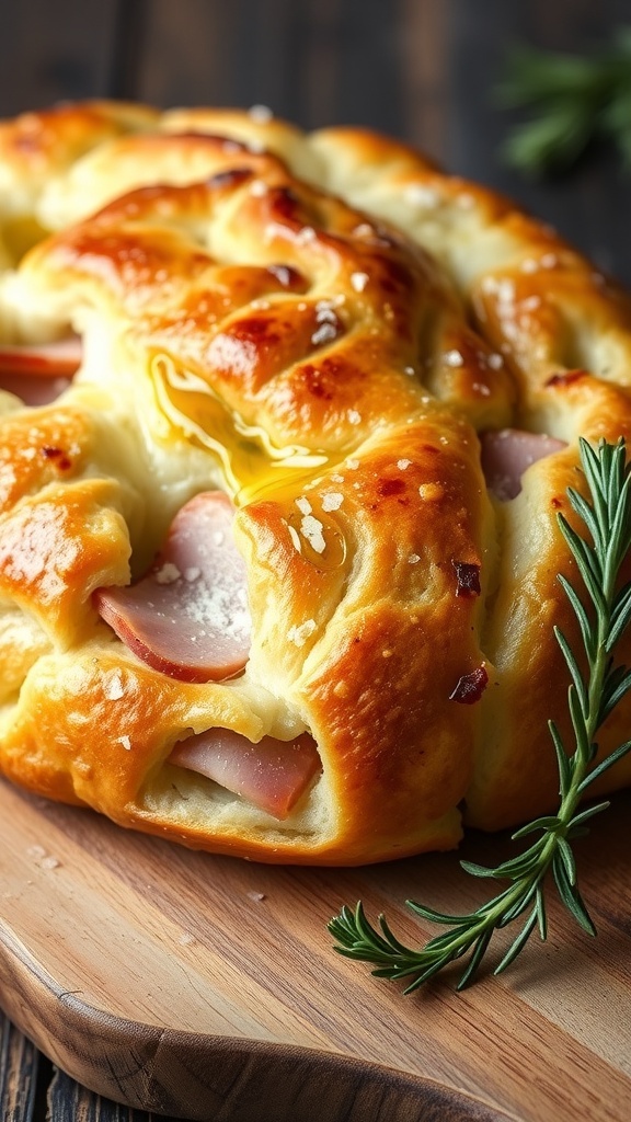 Golden brown ham and cheese focaccia bread on a wooden board, garnished with rosemary.